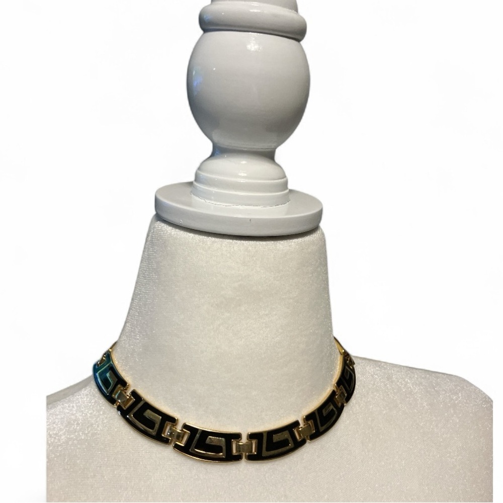 Vintage Gold & Black Greek Key Choker Necklace 16” Fold Clasp MCM Glam Dramatic - Picture 2 of 6